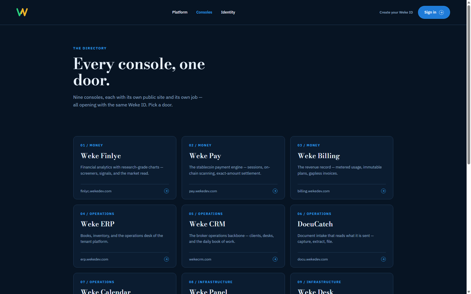 The Weke console directory on wekedev.com