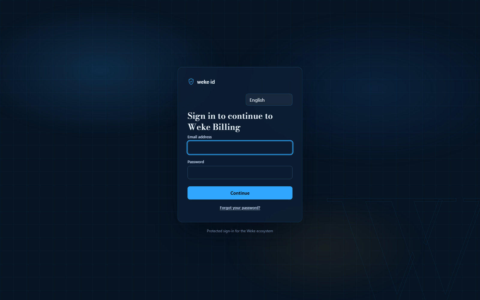 The hosted Weke ID sign-in page with aurora backdrop and serif heading